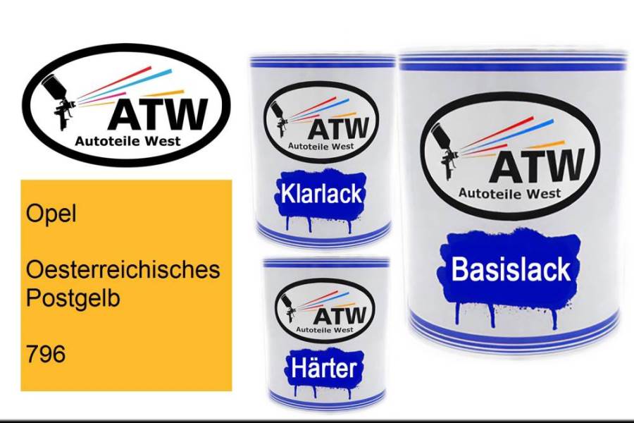 Opel, Oesterreichisches Postgelb, 796: 1L Lackdose + 1L Klarlack + 500ml Härter - Set, von ATW Autoteile West.